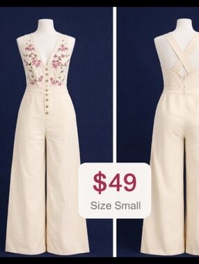 Embroidered Cream Wide-Leg Jumpsuit
